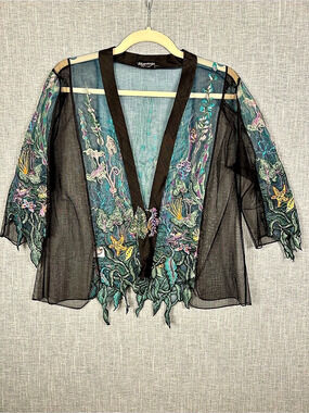 Lee Andersen Embroidered Sheer Cape Jacket in Black & Blue Small Like New